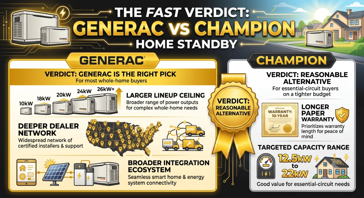 Generac vs Champion home standby lineup comparison showing output range from 8.5kW through 26kW air-cooled and liquid-cooled upgrade path