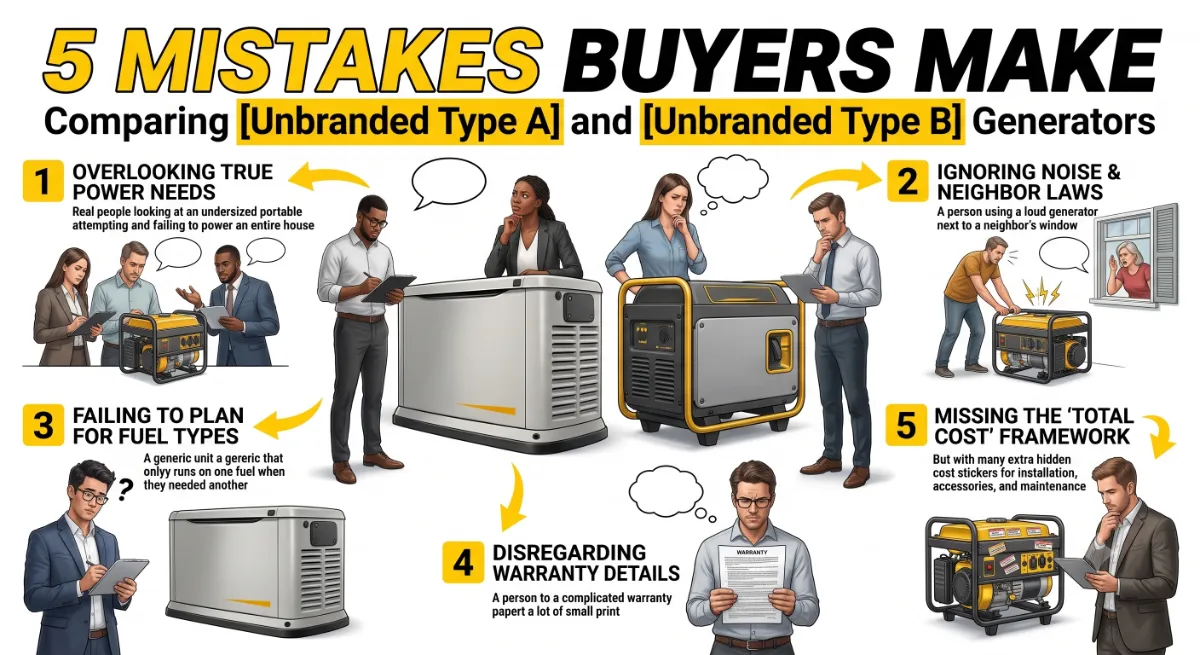 Common Generac vs Westinghouse buying mistakes including confusing portable with automatic standby and ignoring transfer switch cost