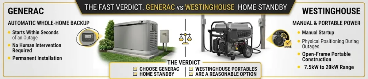 Generac vs Westinghouse comparison summary chart showing automatic standby versus portable backup category differences