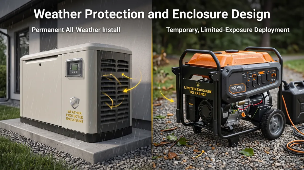 Generac permanent aluminum weatherproof enclosure versus Westinghouse open-frame portable steel chassis construction comparison