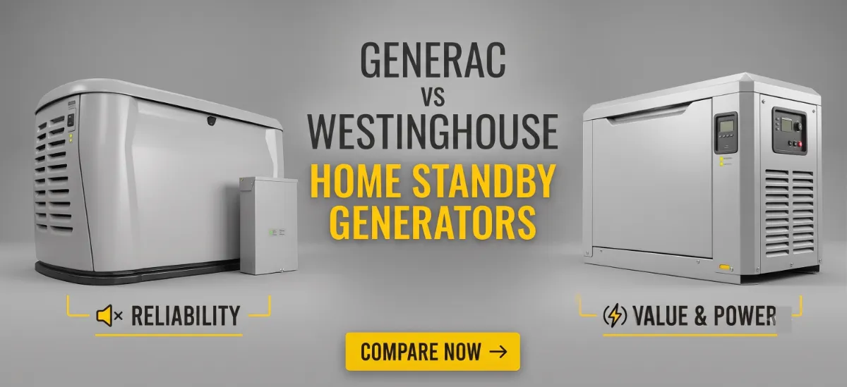 Generac vs Westinghouse home standby generator comparison showing automatic standby unit and portable backup generator side by side