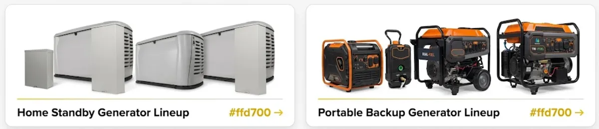 Generac Guardian Series automatic standby lineup versus Westinghouse WGen portable backup lineup output range comparison