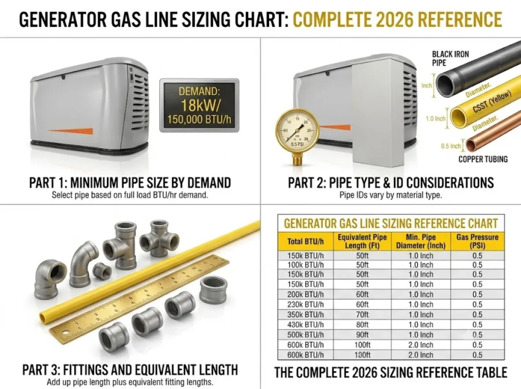 Generator gas line sizing chart showing pipe diameters for common Generac models by run length