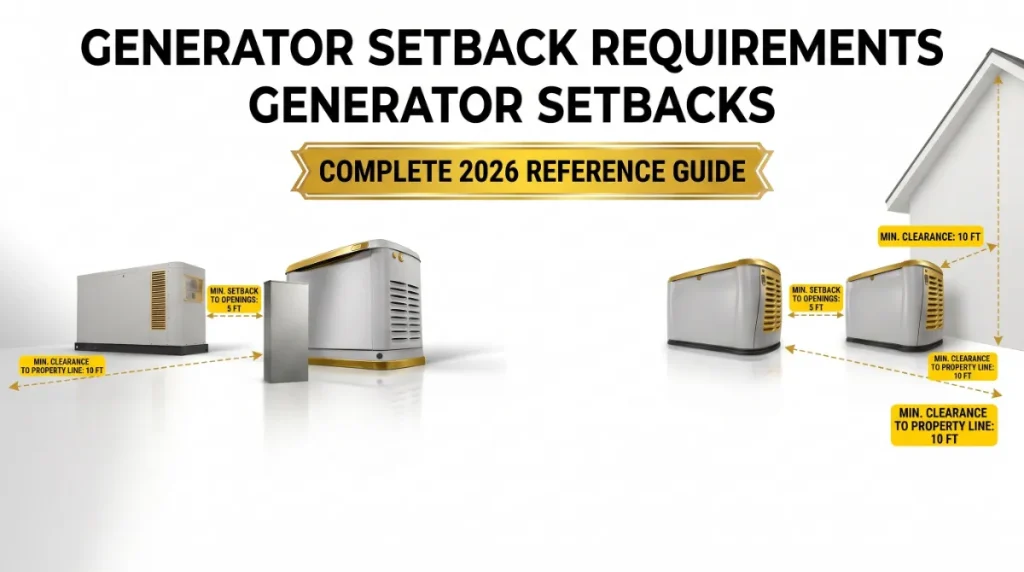 Generator setback requirements showing Generac standby generator installed with proper distance from house wall property line and windows