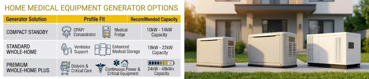 Medical equipment generator comparison showing 18kW 22kW and 24kW Generac units matched to medical loads and home size