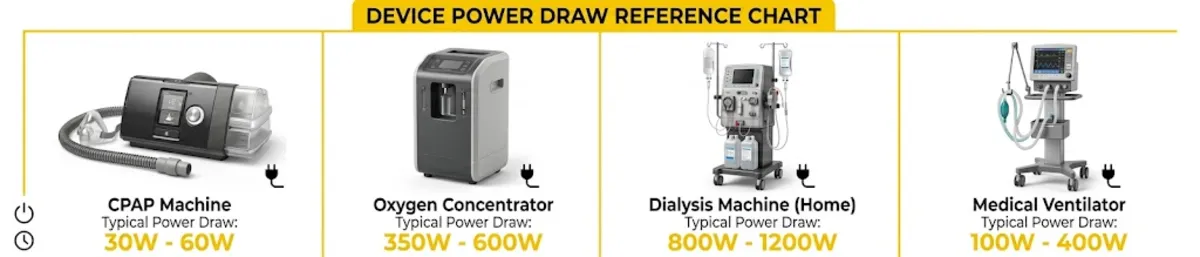 Device power draw reference chart showing typical wattage for CPAP oxygen concentrator dialysis and ventilator