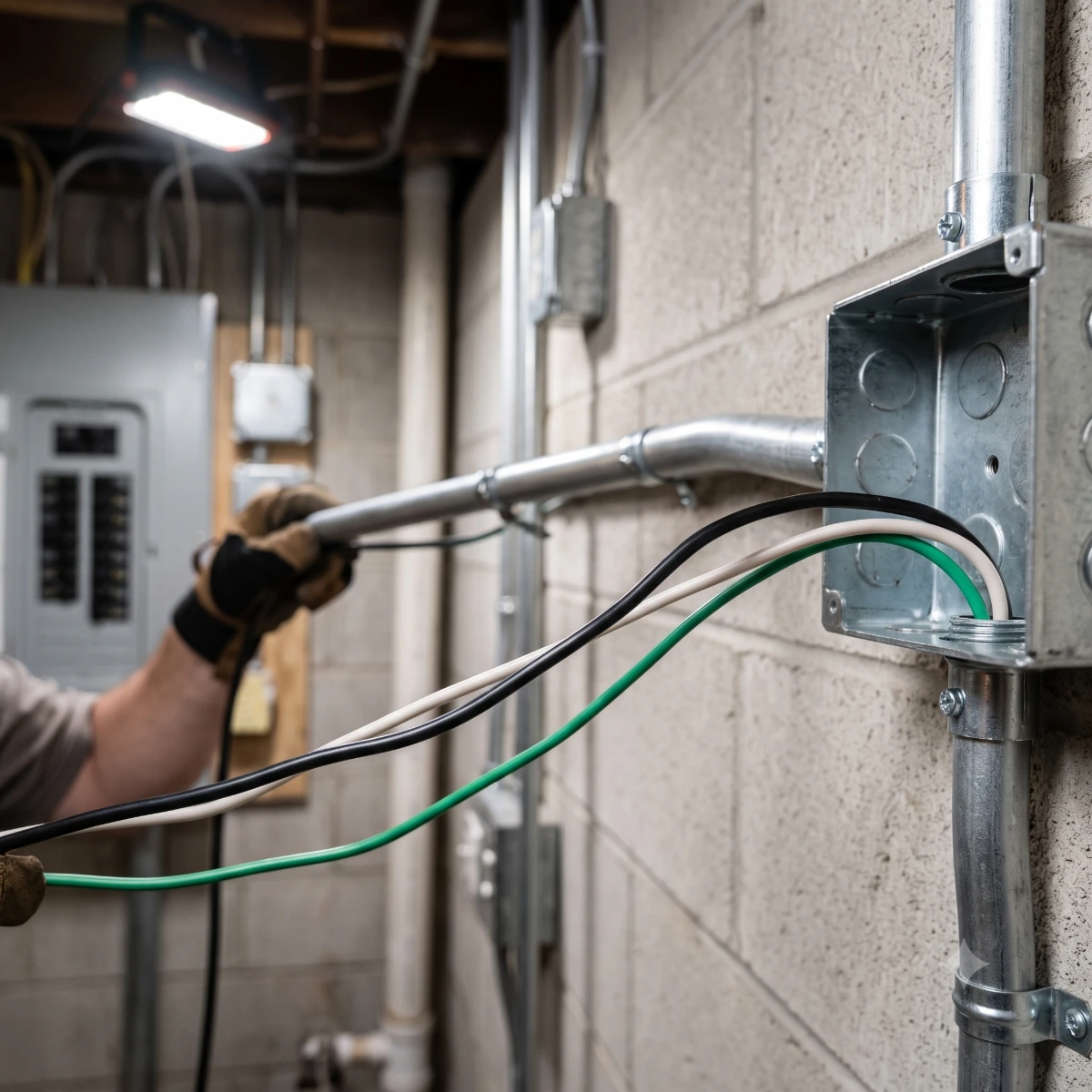 Southwire 12 AWG black THHN hot wire being pulled through electrical conduit alongside white neutral and green ground conductors for a 120V branch circuit installation