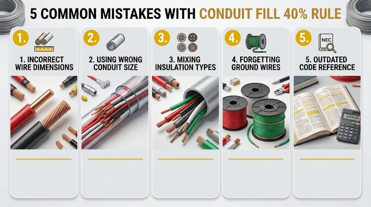 Common mistakes with conduit fill 40 percent rule including using wrong fill percentage and ignoring grounding conductors