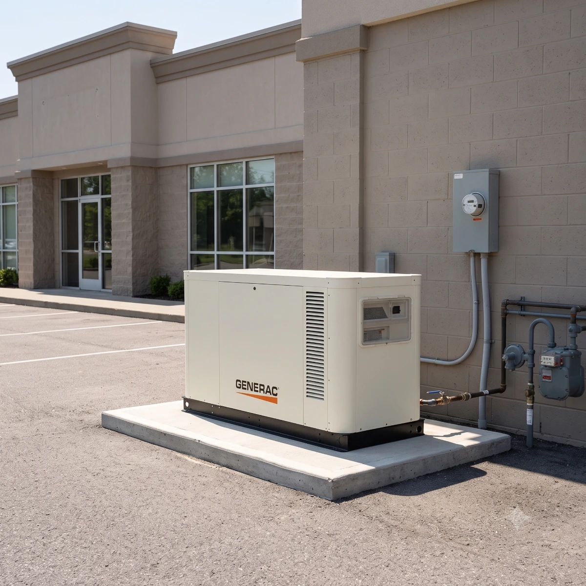 Generac 32kW three phase generator installed on a concrete pad next to a light commercial building providing three phase backup power during utility outages