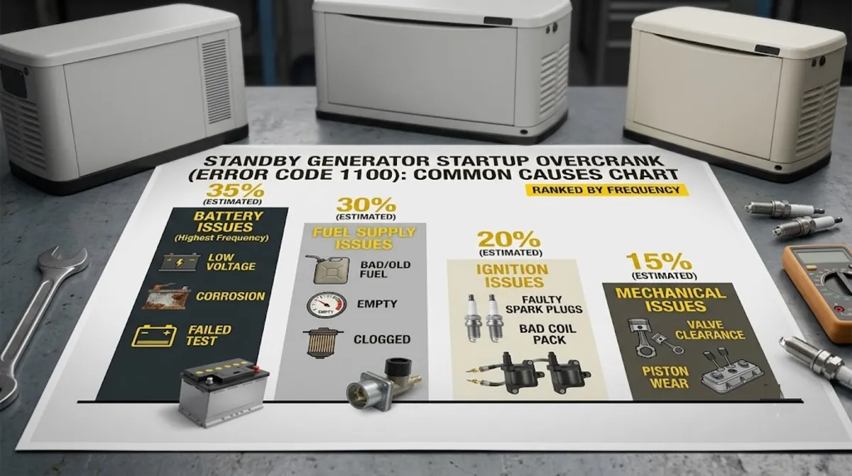 Generac error code 1100 causes chart showing fuel supply ignition battery and mechanical issues ranked by frequency