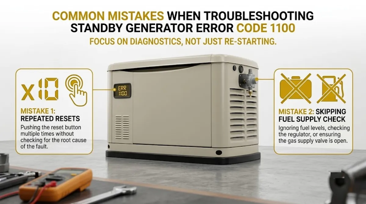 Common mistakes when troubleshooting Generac error code 1100 including repeated resets and skipping fuel supply check