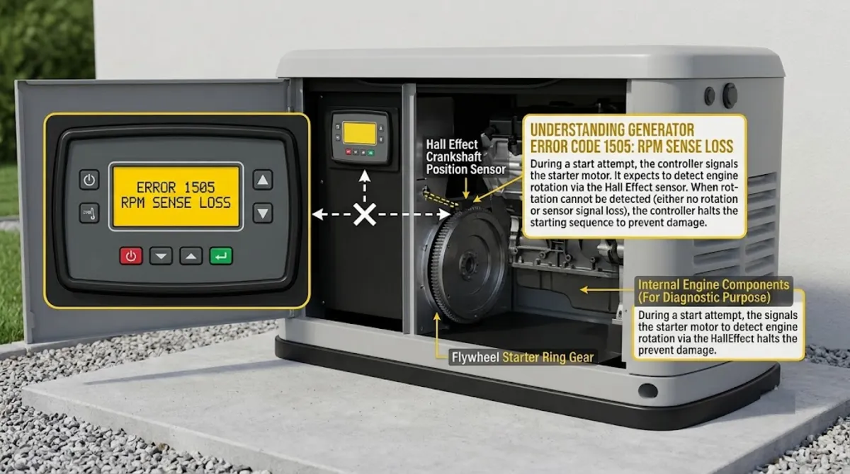 Generac error code 1505 causes chart showing battery starter contactor starter motor and sensor issues ranked by frequency