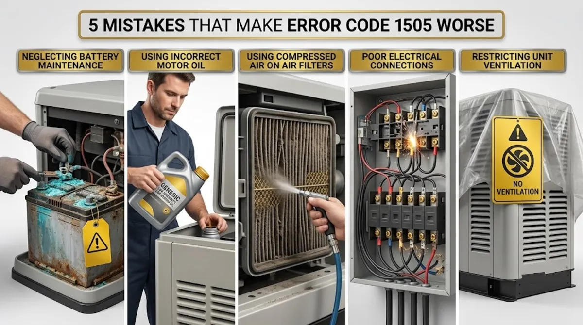 Common mistakes when troubleshooting Generac error code 1505 including skipping terminal cleaning and repeated reset attempts