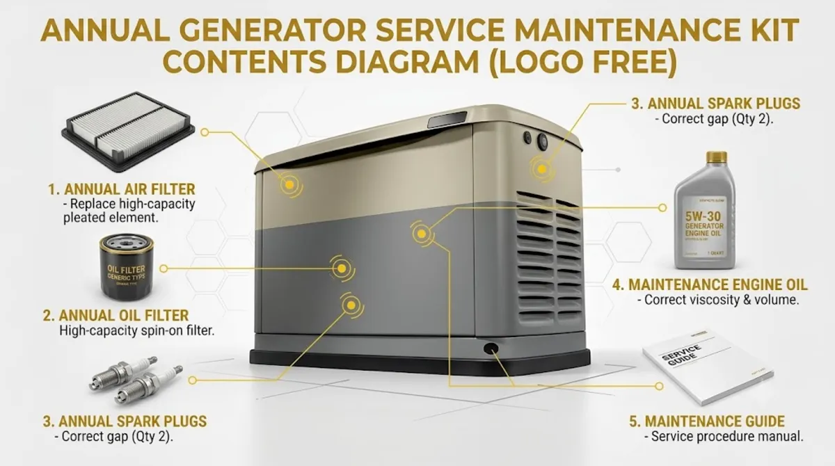 Generac scheduled maintenance kit contents diagram showing all included parts for annual generator service