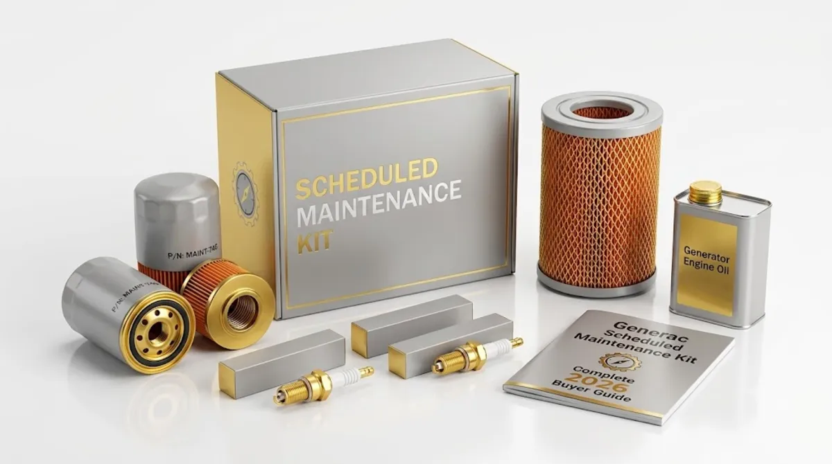 Generac scheduled maintenance kit contents showing oil filter air filter spark plugs and engine oil laid out for Guardian Series service