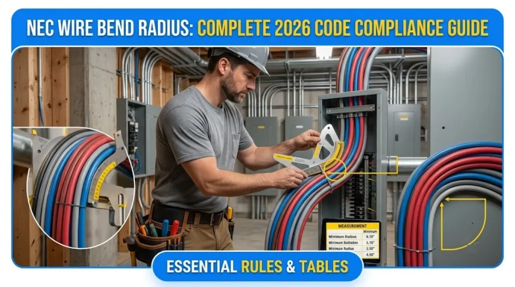 NEC wire bend radius requirements showing wire bending space at panel terminals and conductor bend radius in electrical enclosure
