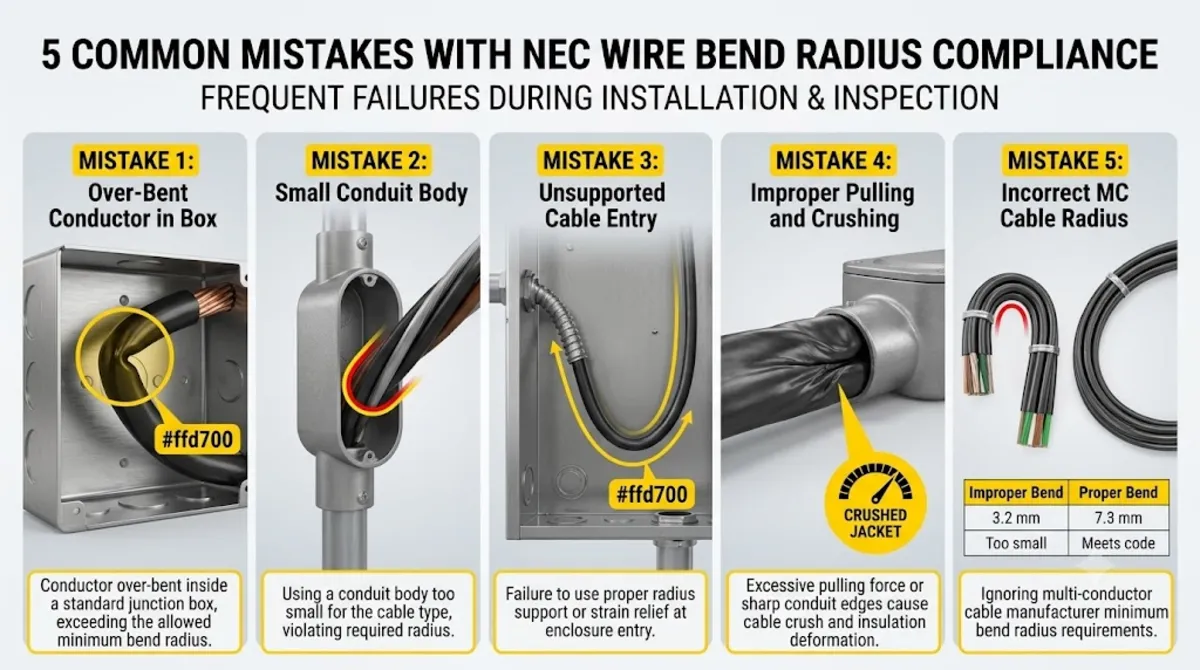 Common mistakes with NEC wire bend radius including undersized junction boxes and inadequate panel depth