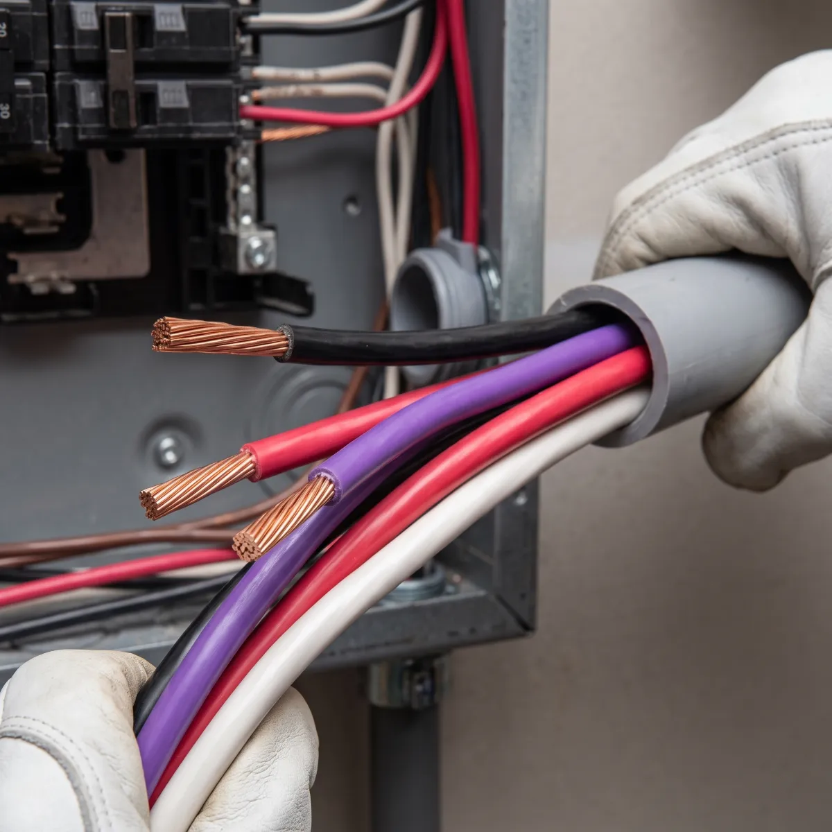 Southwire 8 AWG purple THHN stranded copper wire installed in electrical conduit for panel wiring and 40 amp to 50 amp circuit identification in commercial and residential applications