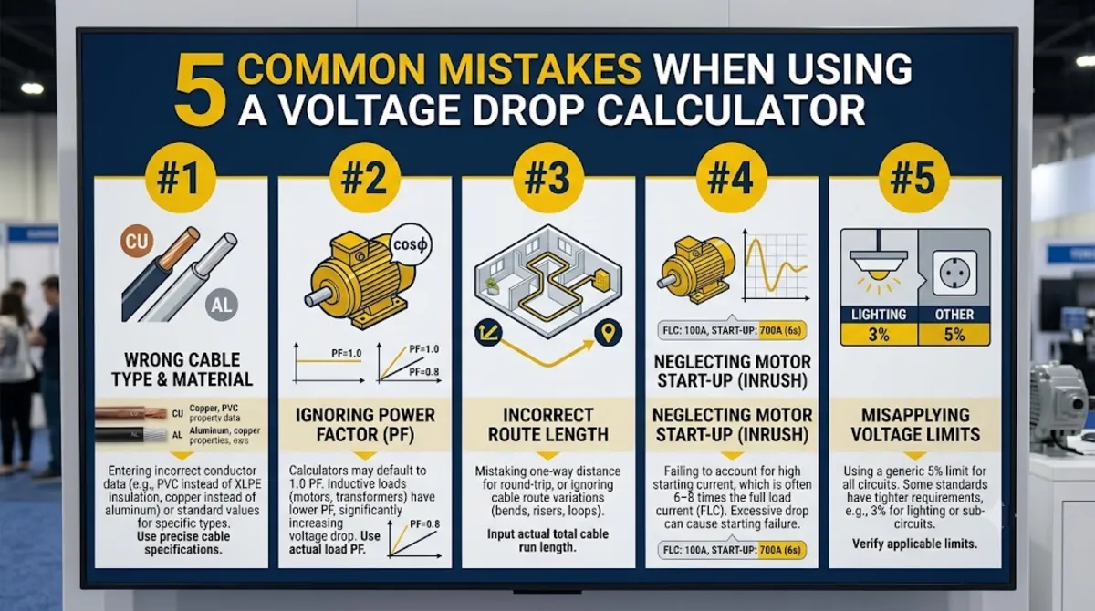 Common mistakes when using voltage drop calculator for wire including using round-trip distance and ignoring motor inrush