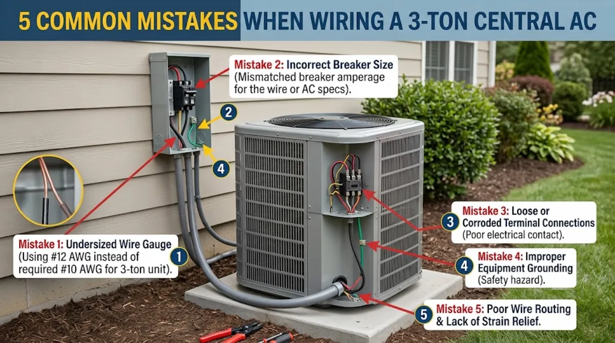 Common mistakes when selecting wire size for central AC 3 ton including missing disconnect and using indoor wire outdoors