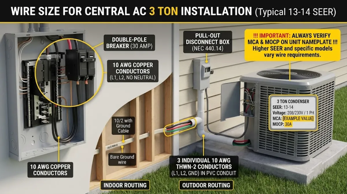 AC unit nameplate showing MCA and MOCP values used to determine wire size for central AC 3 ton installation