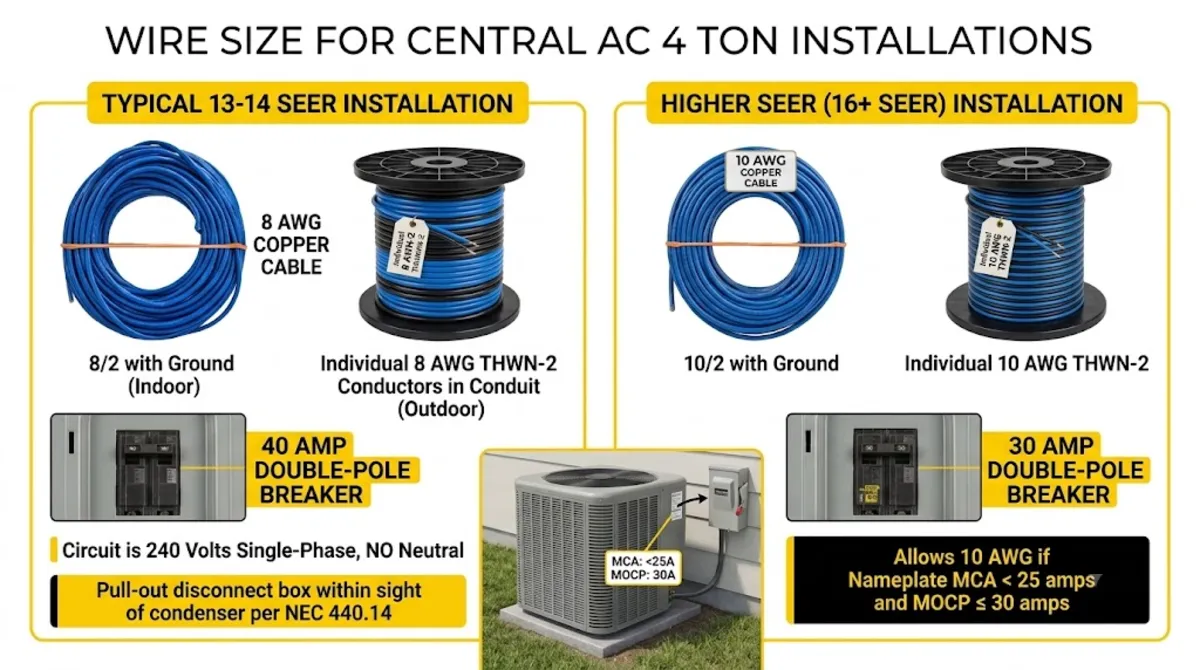 Wire size for central AC 4 ton comparison with 3 ton showing 8 AWG vs 10 AWG copper and 40A vs 30A breaker differences