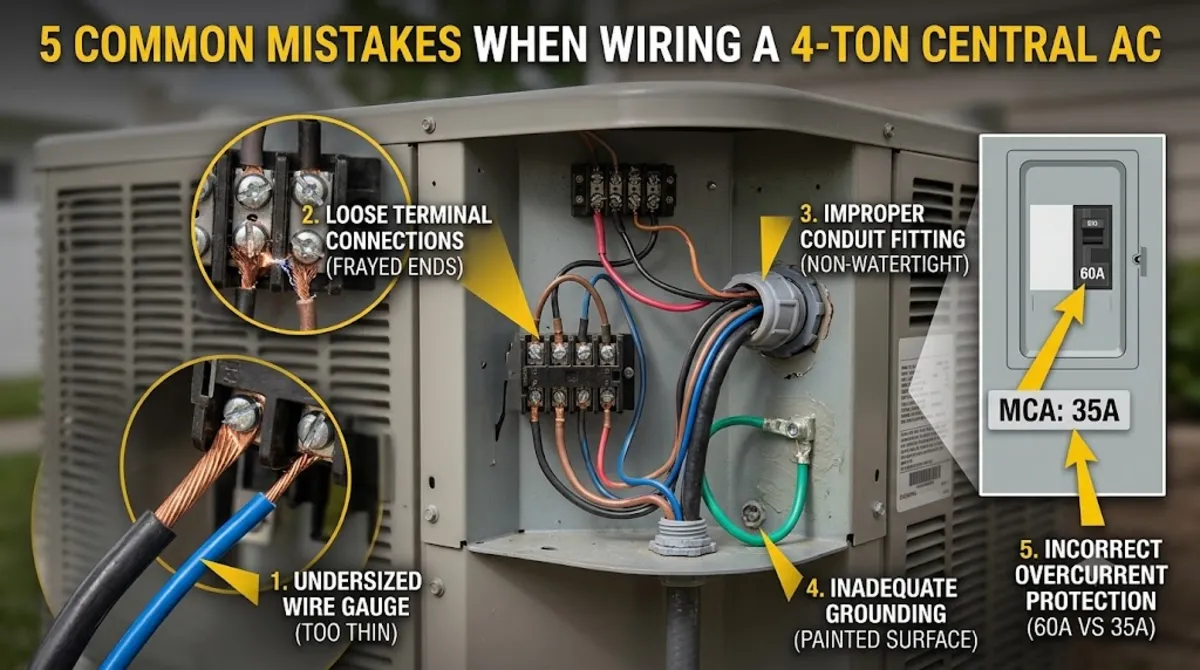 Common mistakes when selecting wire size for central AC 4 ton including using 10 AWG on 40A breaker and skipping disconnect