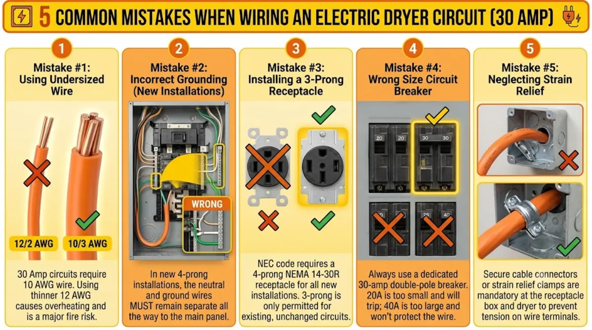 Common mistakes when selecting wire size for electric dryer 30 amp circuit including using 10/2 instead of 10/3 and wrong receptacle