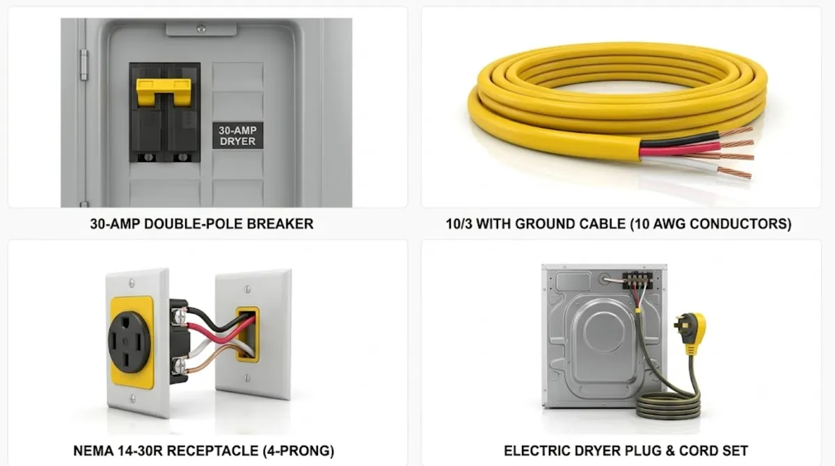 NEC calculation diagram showing electric dryer 30 amp math for wire size 10 AWG and NEMA 14-30 receptacle