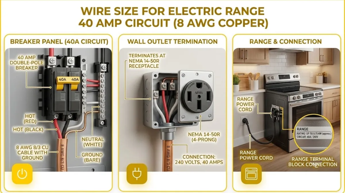 NEC calculation diagram showing electric range 40 amp math for wire size 8 AWG using demand factor 220.55