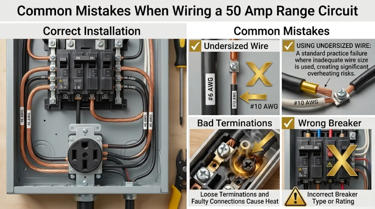 Common mistakes when selecting wire size for electric range 50 amp including using 8 AWG and reusing existing 40 amp wire