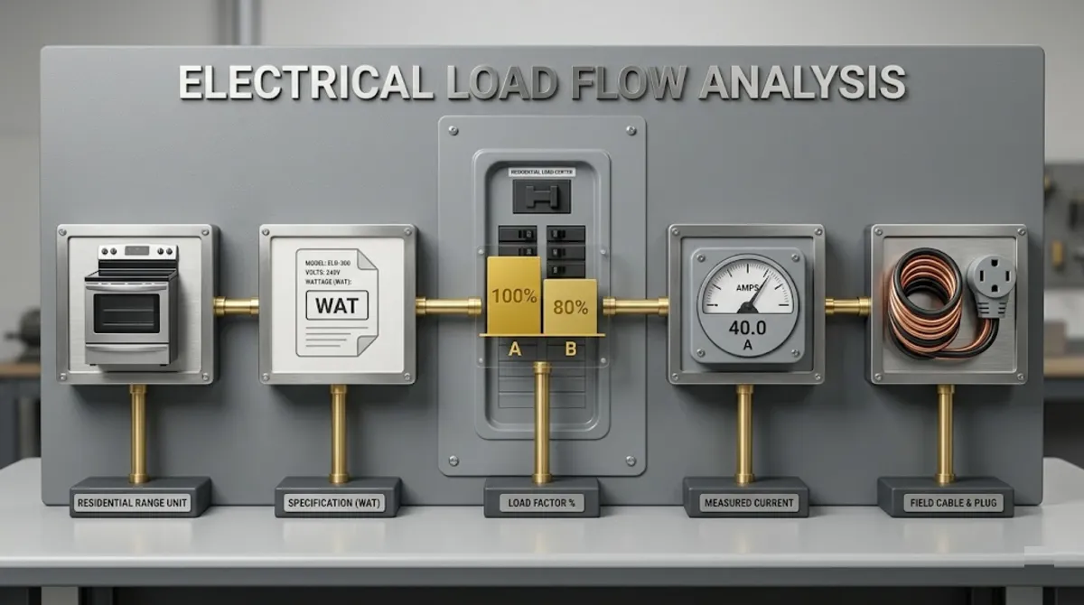 NEC calculation diagram showing electric range 50 amp math for wire size 6 AWG using demand factor 220.55