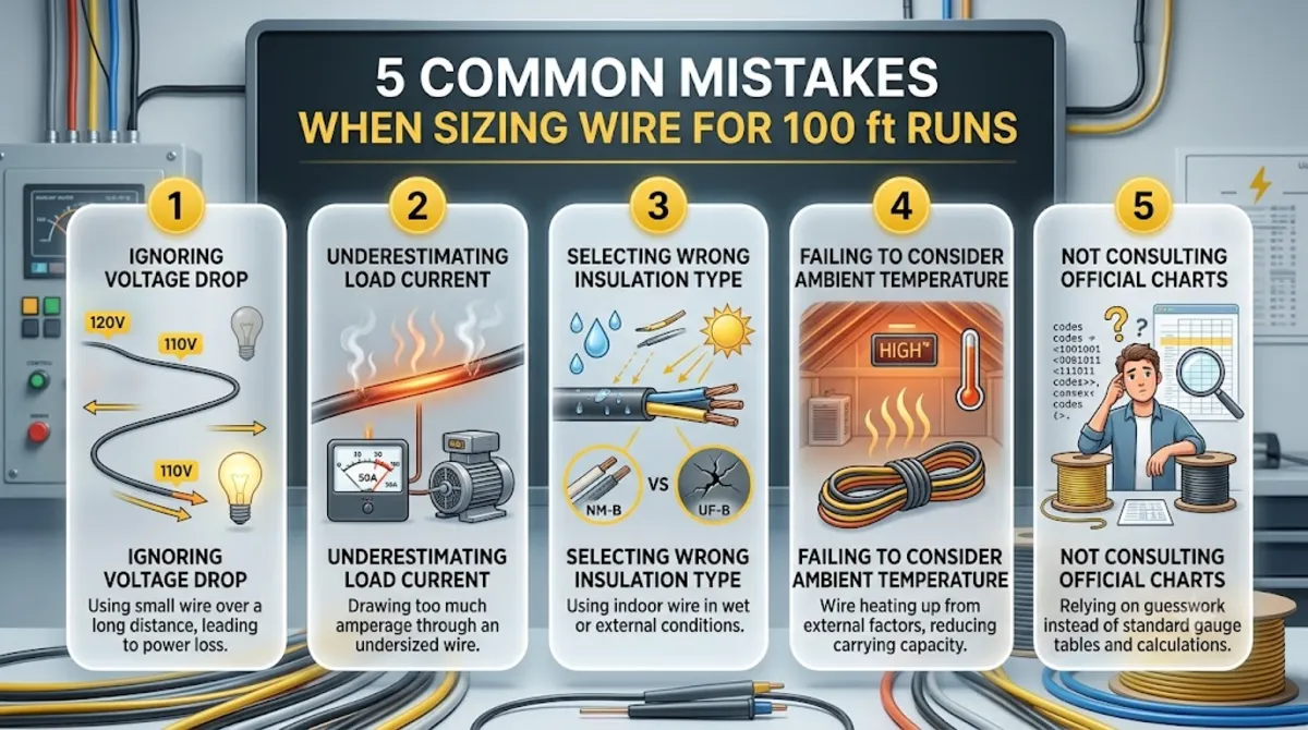 Common mistakes when sizing wire for 100 ft run including using ampacity minimum and ignoring voltage drop