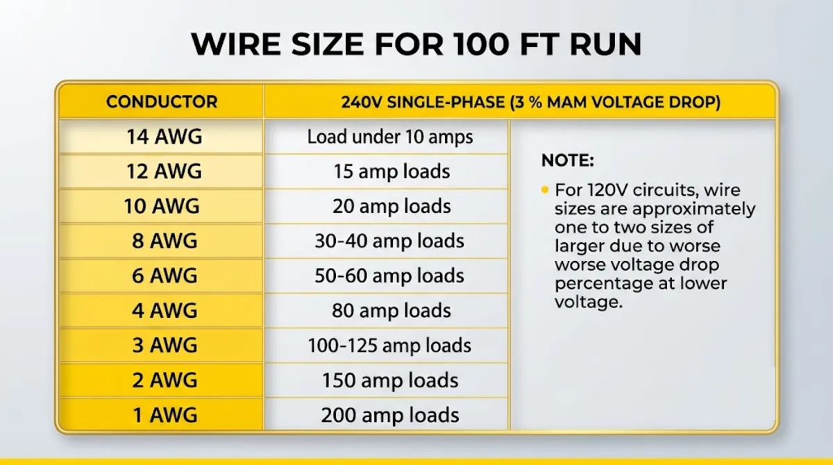 Wire size for 100 ft run reference table showing copper wire sizes for various amperage loads at 120V and 240V