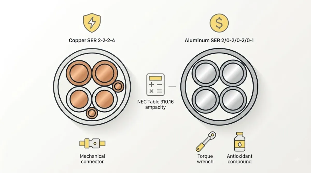 Wire size for garage subpanel 100 amp comparison showing copper vs aluminum SER cable specifications