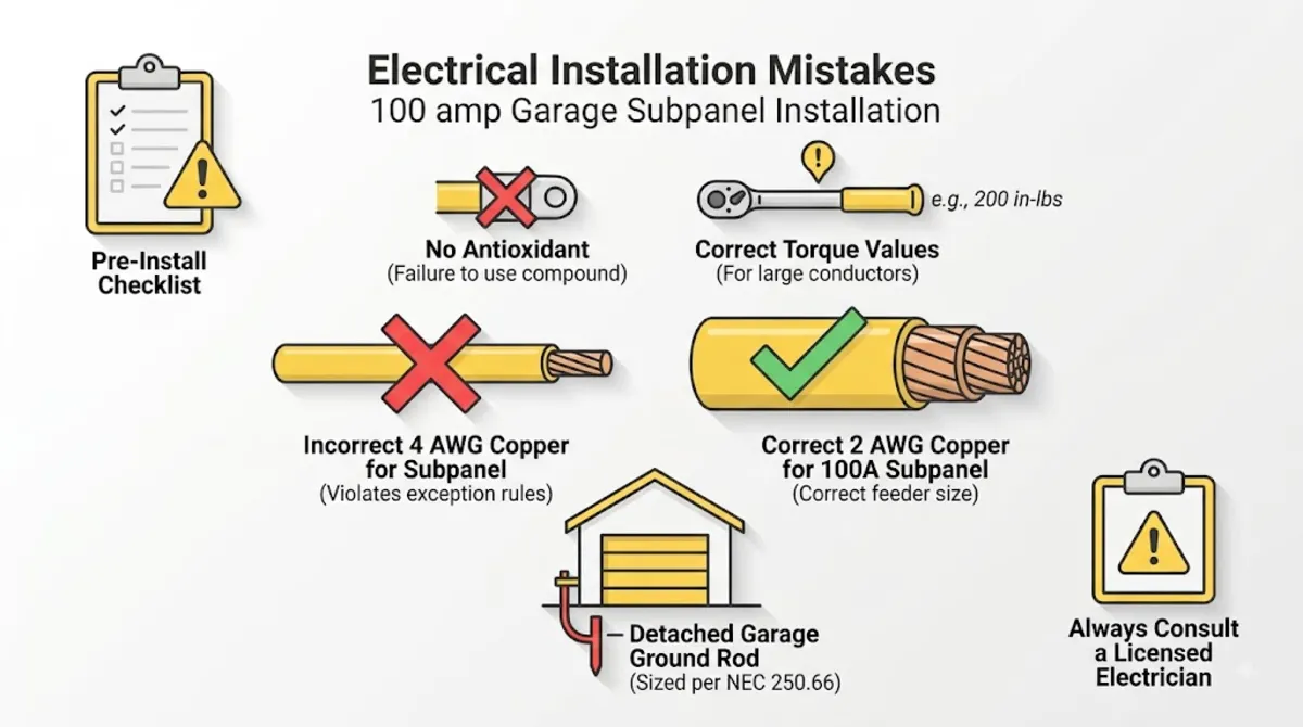 Common mistakes when selecting wire size for garage subpanel 100 amp including using dwelling service exception and mixing copper aluminum