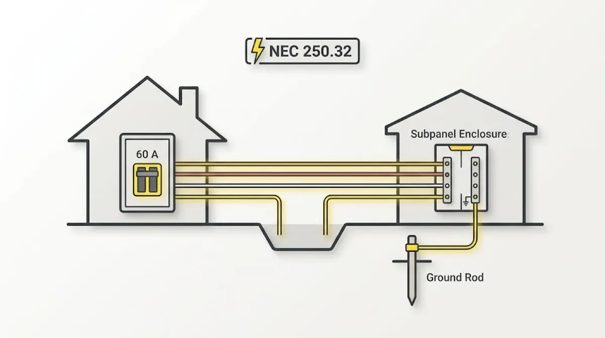 Wire size for garage subpanel 60 amp feeder diagram showing 4-wire configuration and grounding requirements