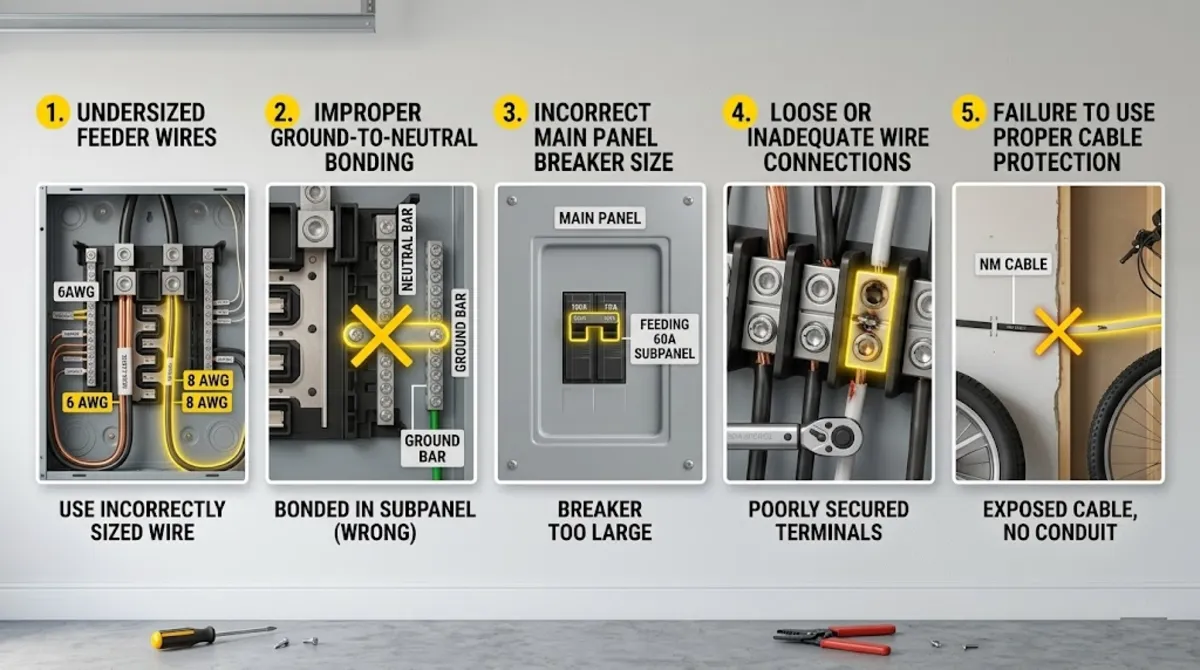 Common mistakes when selecting wire size for garage subpanel 60 amp including bonded neutral bar and missing ground rod