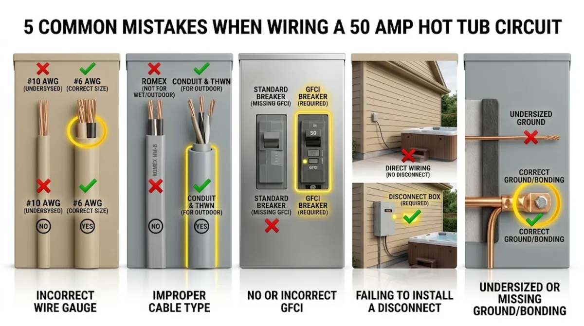 Common mistakes when selecting wire size for hot tub 50 amp including skipping GFCI protection and using NM-B outdoors