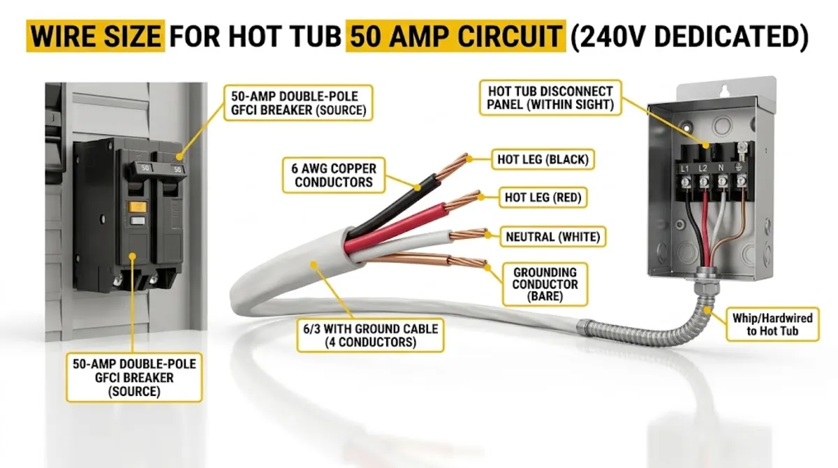 NEC calculation diagram showing hot tub 50 amp math for wire size 6 AWG with GFCI and continuous load factor