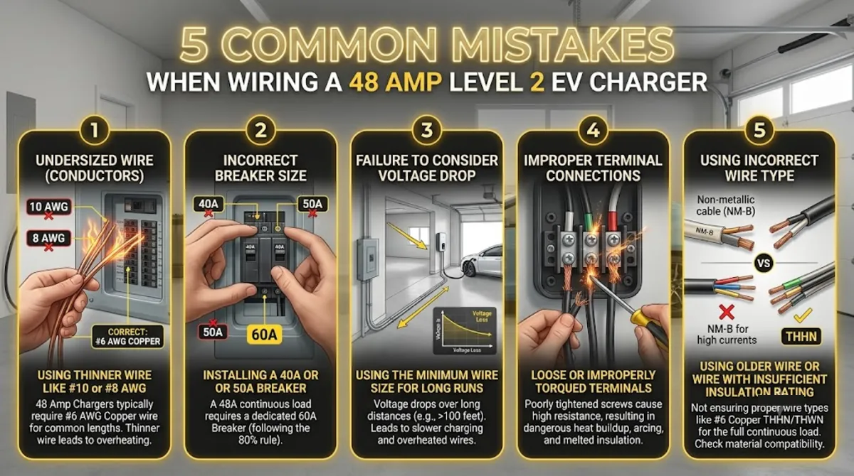 Common mistakes when selecting wire size for level 2 EV charger 48 amp including 60 degree wire and NEMA 14-50 plug attempts