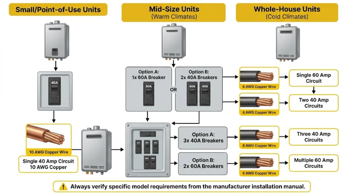Wire size for tankless water heater configuration diagram showing parallel circuits for whole-house electric models