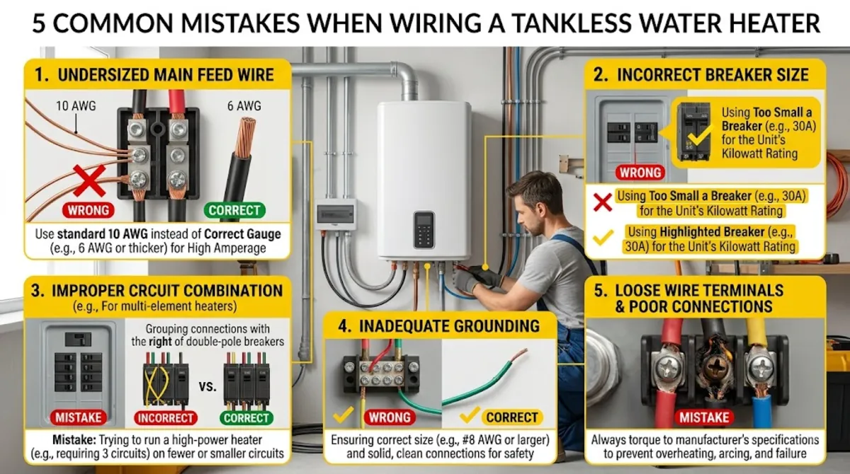 Common mistakes when selecting wire size for tankless water heater including undersized panel and wrong wire configuration