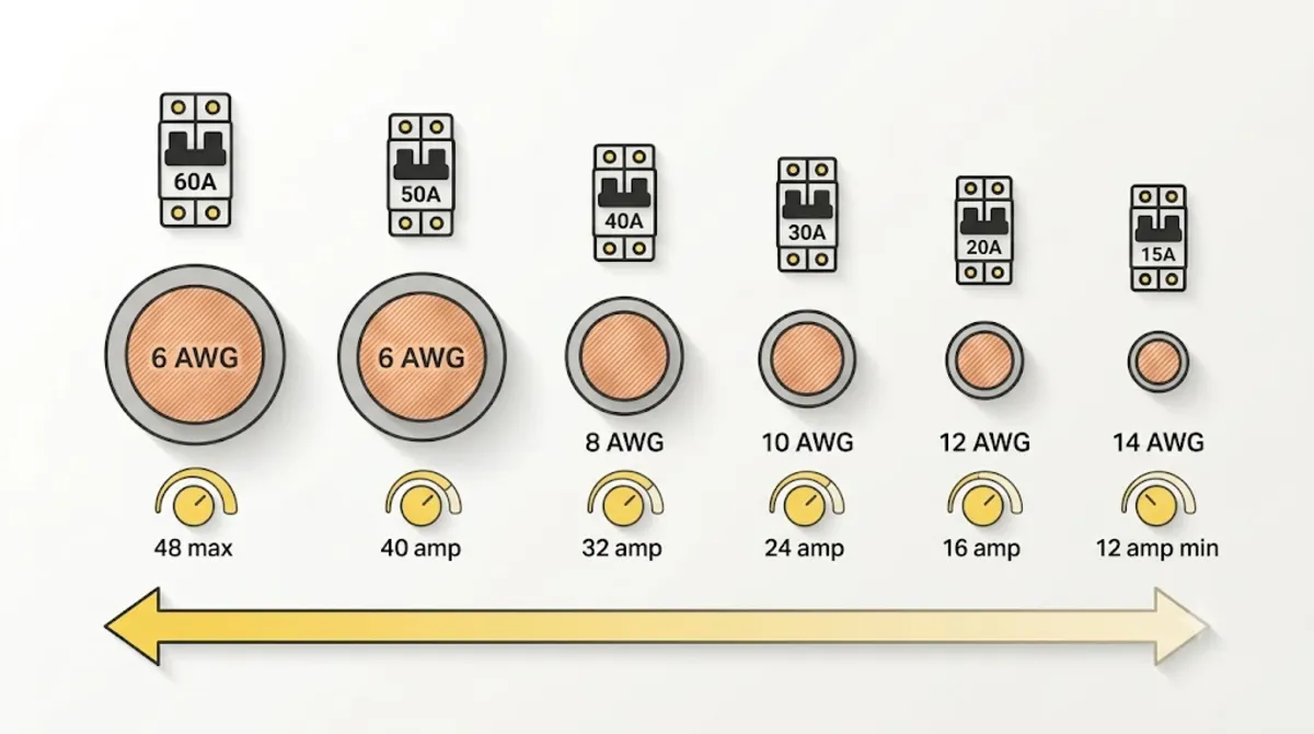 Wire size for Tesla Wall Connector by amperage setting chart showing 6 AWG to 14 AWG progression