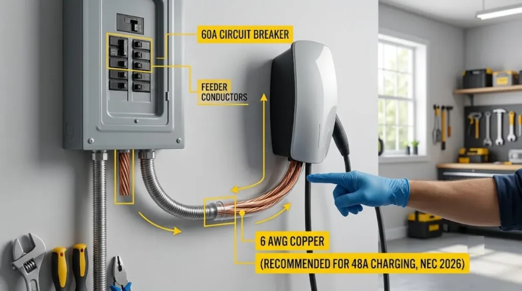 6 AWG copper wire and Tesla Wall Connector installation with 60 amp double-pole breaker for 48 amp operation