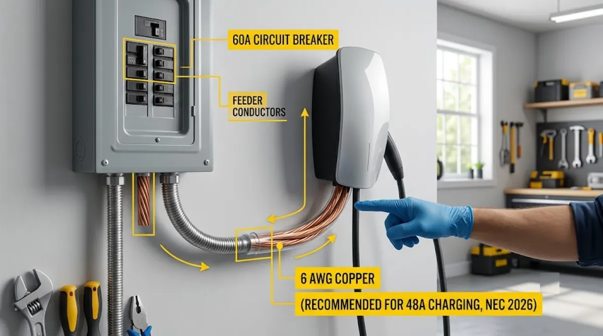 6 AWG copper wire and Tesla Wall Connector installation with 60 amp double-pole breaker for 48 amp operation