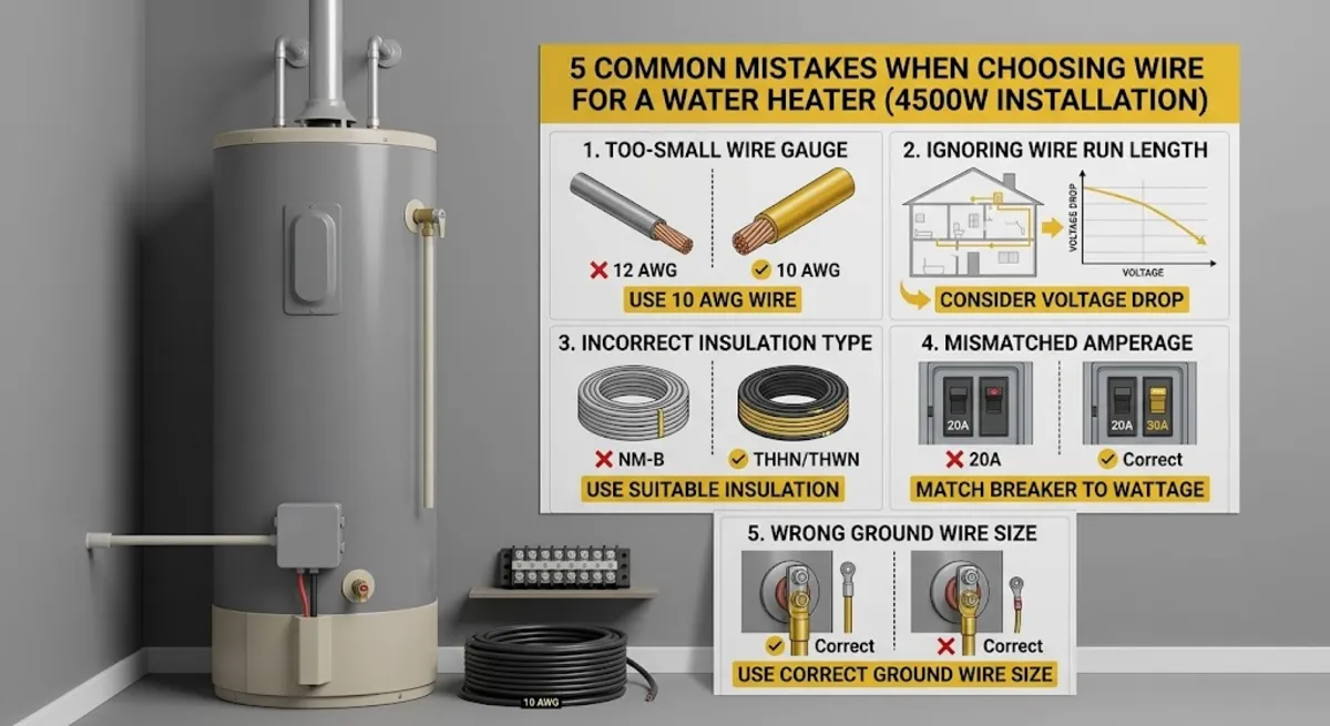 Common mistakes when selecting wire size for 4500 watt water heater including using 12 AWG and wrong wire type for environment