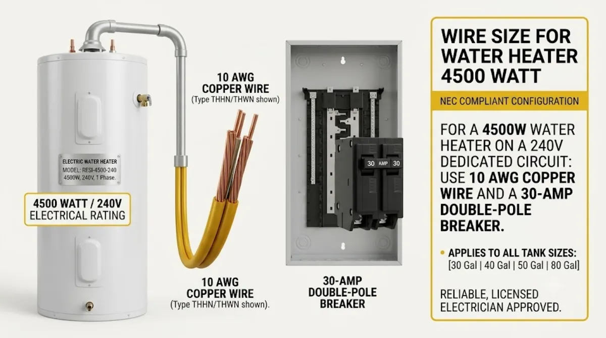 NEC calculation diagram showing 4500 watt water heater math for wire size 10 AWG and 30 amp breaker