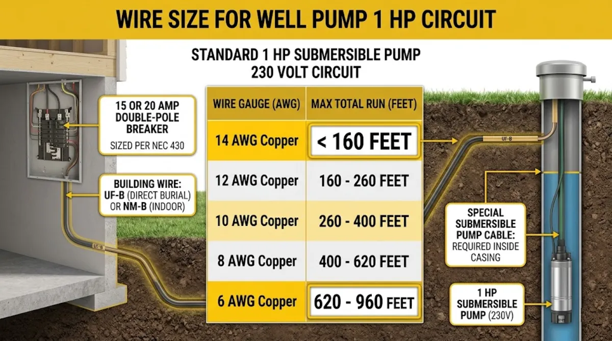 Wire size for well pump 1 HP by total distance chart showing 14 AWG to 6 AWG copper progression