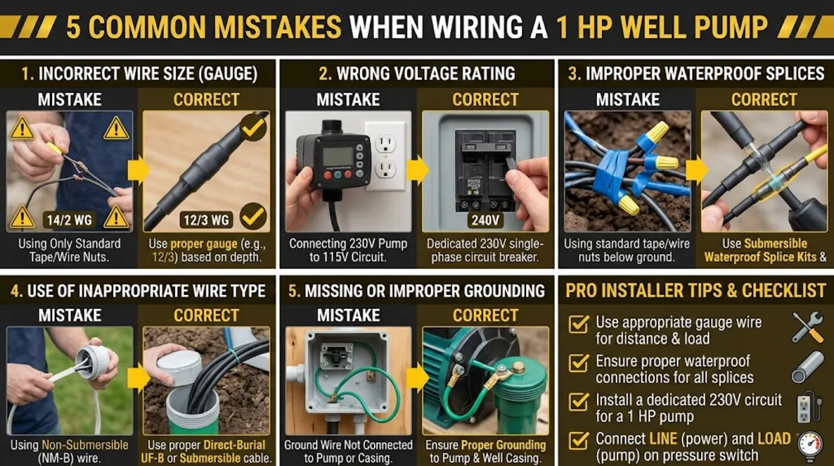 Common mistakes when selecting wire size for well pump 1 hp including undersized wire and using standard building wire in the well